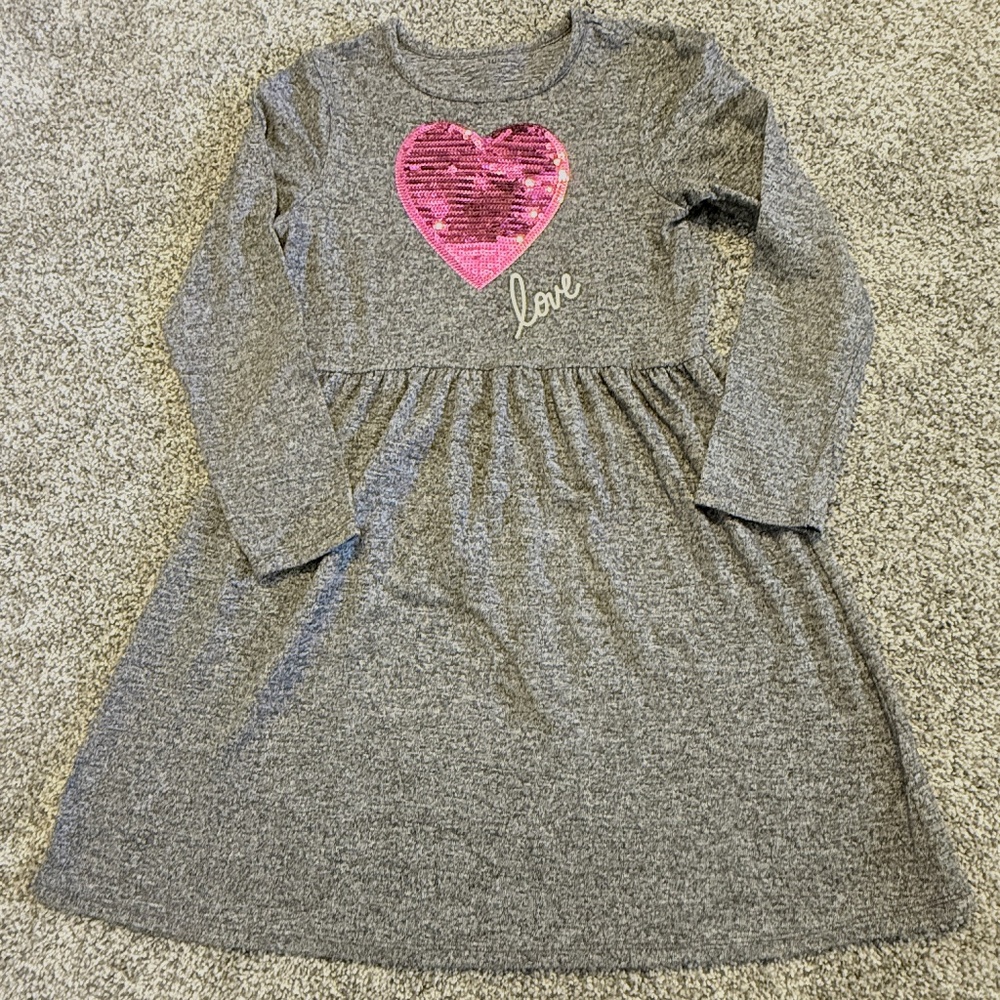 Maurices long sleeve grey girls knit dress sequin pink heart size large 11/12
